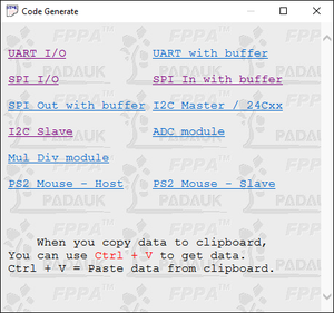On Demand Cheapest Microcontroller - a list of selectable code generation modules including UART, SPI, I2C, and PS2 options.