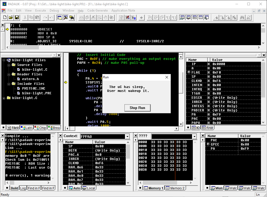 On Demand Cheapest Microcontroller - code, memory registers, and a popup window stating the microcontroller is in sleep mode.