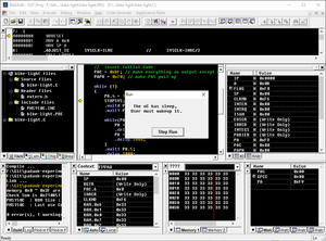 On Demand Cheapest Microcontroller - code, memory registers, and a popup window stating the microcontroller is in sleep mode.