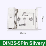On Demand DIN 35 5 Pin Silvery mounting bracket for DIN rail applications - shown from a top-down perspective with overlaid dimension lines and measurements in millimeters.