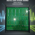 On Demand DLD Trainer Digital Logic Trainer WWW.DIGILOG.PK - Design Trainer AM-2025, a green panel in a black stand with printed logic-gate blocks, seven-segment displays and a row of toggle switches.
