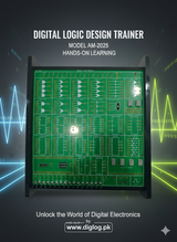 On Demand DLD Trainer Digital Logic Trainer WWW.DIGILOG.PK - Design Trainer AM-2025, a green panel in a black stand with printed logic-gate blocks, seven-segment displays and a row of toggle switches.