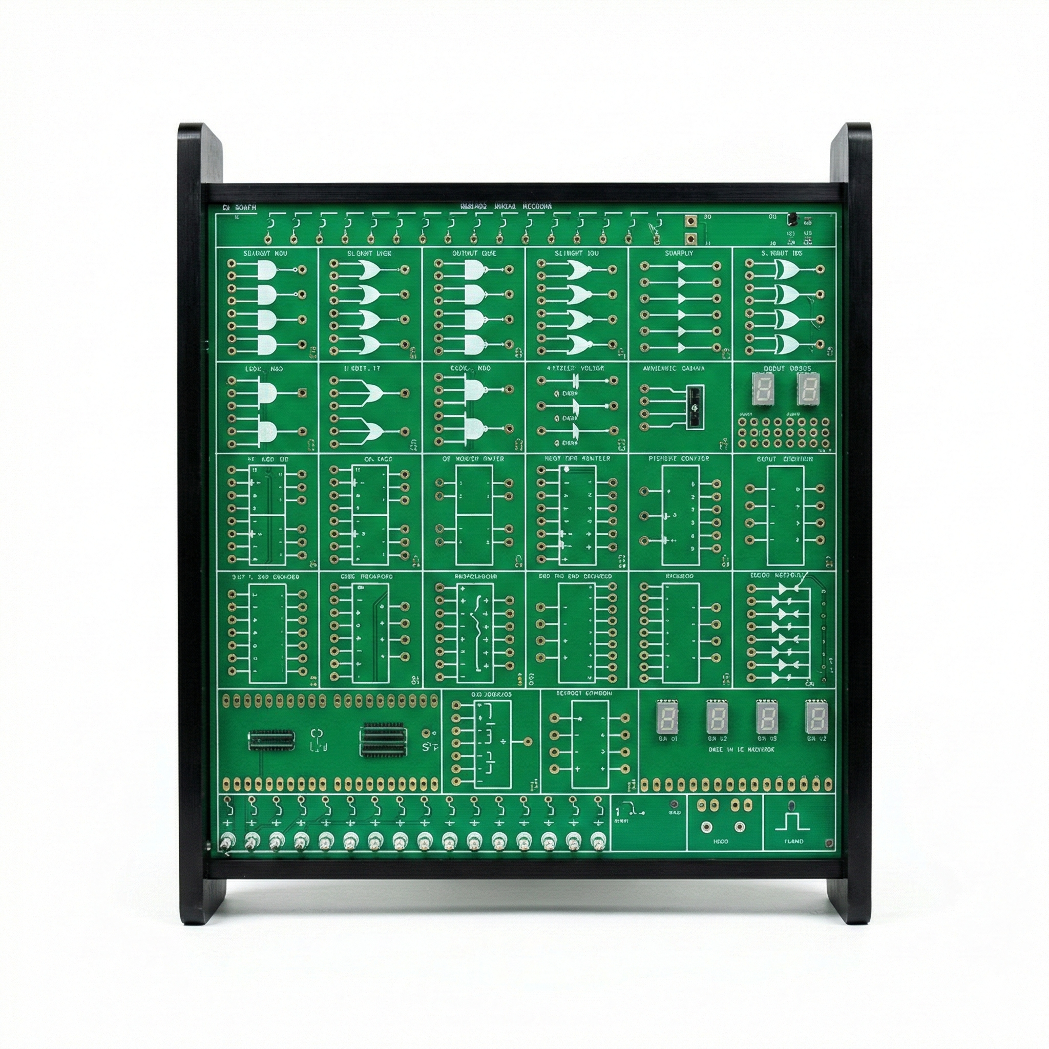 On Demand DLD Trainer Digital Logic Trainer WWW.DIGILOG.PK - a green circuit board in a black frame featuring logic gates, toggle switches, and six numeric displays.