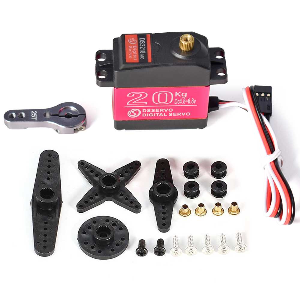 On Demand DS3218 20KG/0.14sec Metal Gear Digital Servo Motor - shown with a metal servo arm, three plastic servo horns, four rubber grommets, four brass eyelets, and six mounting screws.