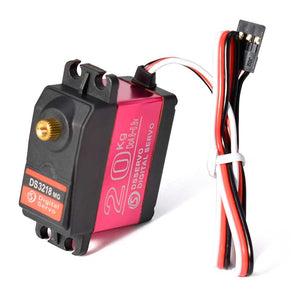 On Demand DS3218 20KG/0.14sec Metal Gear Digital Servo Motor - a black and pink rectangular motor with a gold output shaft and a three-wire connector cable attached.