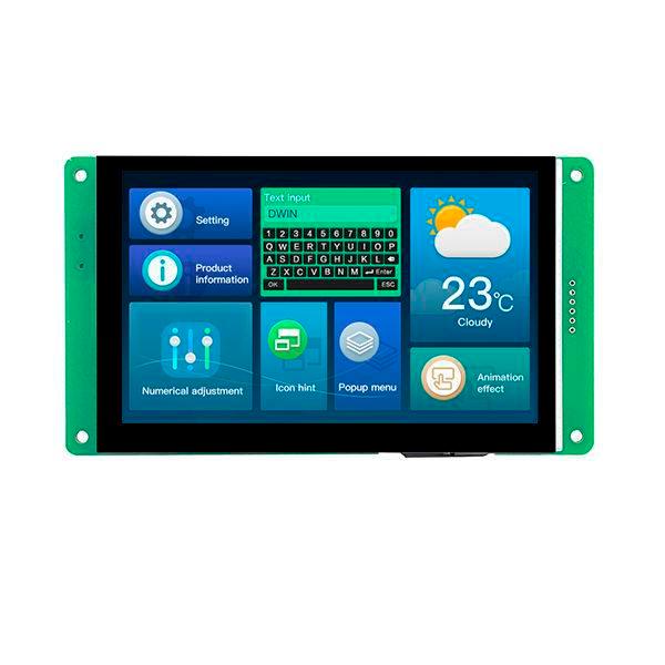 On Demand Dwin 5 Inch HMI TFT Touch Screen LCD Display Touchscreen Module DMG80480C050-03WTR - a green frame and a digital interface with a keyboard, weather icon, and menu buttons.