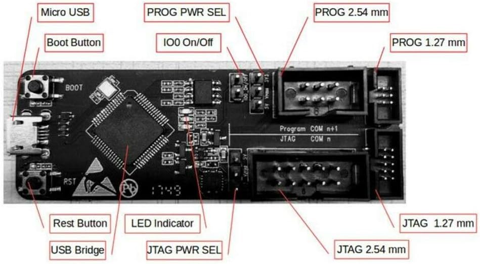 On Demand ESP-Prog Program Downloader Automatic JTAG Debugging Board for ESP8266 ESP32 - a black circuit board featuring a Micro USB port, boot and reset buttons, LED indicators, and multiple JTAG/PROG headers.