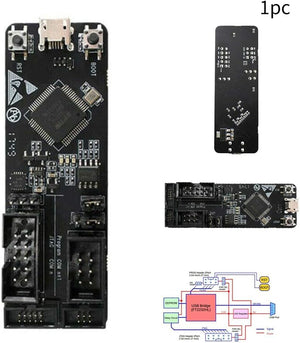 On Demand ESP-Prog Program Downloader Automatic JTAG Debugging Board for ESP8266 ESP32 - a black JTAG debugging board with a USB port, two push buttons, header pins, and a block diagram schematic.
