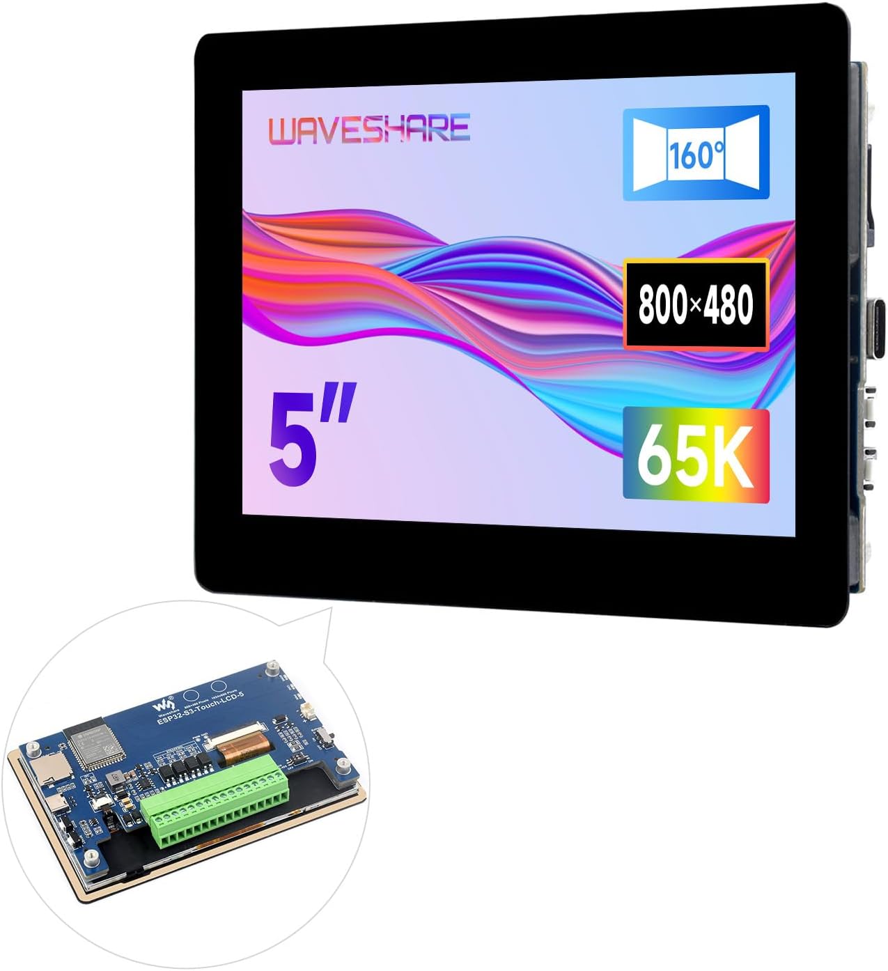 On Demand ESP32-S3 5inch Capacitive Touch Display Development Board, 5-Point Touch, 32-Bit LX7 Dual-Core Processor, Support Wi-Fi & BLE, with Onboard Antenna, 800×480 Display Resolution - screen displaying Waveshare branding, 800x480 resolution, and 65K colors, with a circuit board inset.