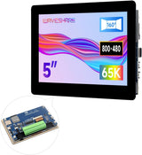 On Demand ESP32-S3 5inch Capacitive Touch Display Development Board, 5-Point Touch, 32-Bit LX7 Dual-Core Processor, Support Wi-Fi & BLE, with Onboard Antenna, 800×480 Display Resolution - screen displaying Waveshare branding, 800x480 resolution, and 65K colors, with a circuit board inset.