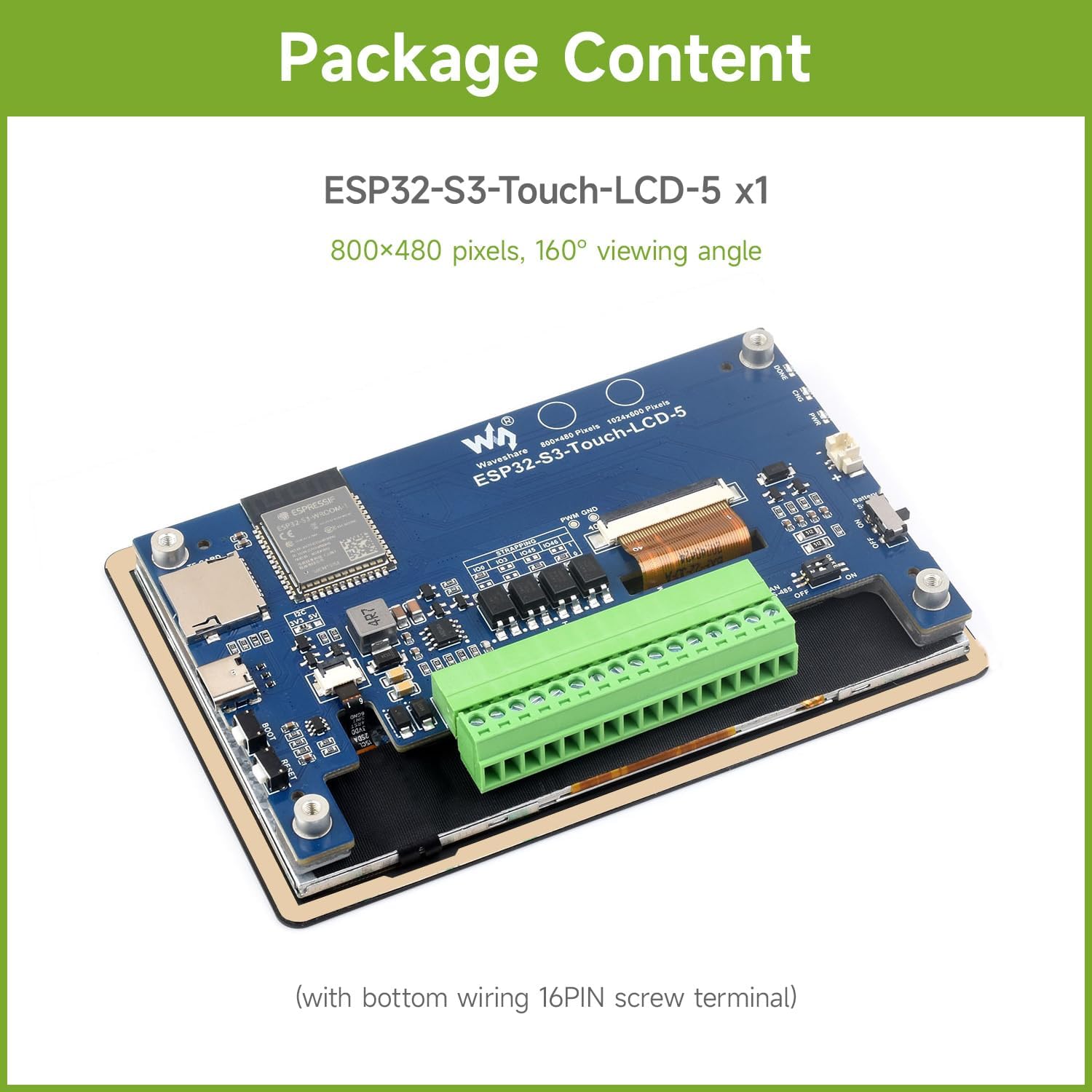 On Demand ESP32-S3 5inch Capacitive Touch Display Development Board, 5-Point Touch, 32-Bit LX7 Dual-Core Processor, Support Wi-Fi & BLE, with Onboard Antenna, 800×480 Display Resolution - blue PCB, a large green 16-pin screw terminal, an ESP32-S3 module, and buttons on a white background.