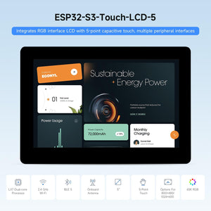 On Demand ESP32-S3 5inch Capacitive Touch Display Development Board, 5-Point Touch, 32-Bit LX7 Dual-Core Processor, Support Wi-Fi & BLE, with Onboard Antenna, 800×480 Display Resolution - a black rectangular 5-inch touchscreen displaying a "Sustainable Energy Power" dashboard interface.