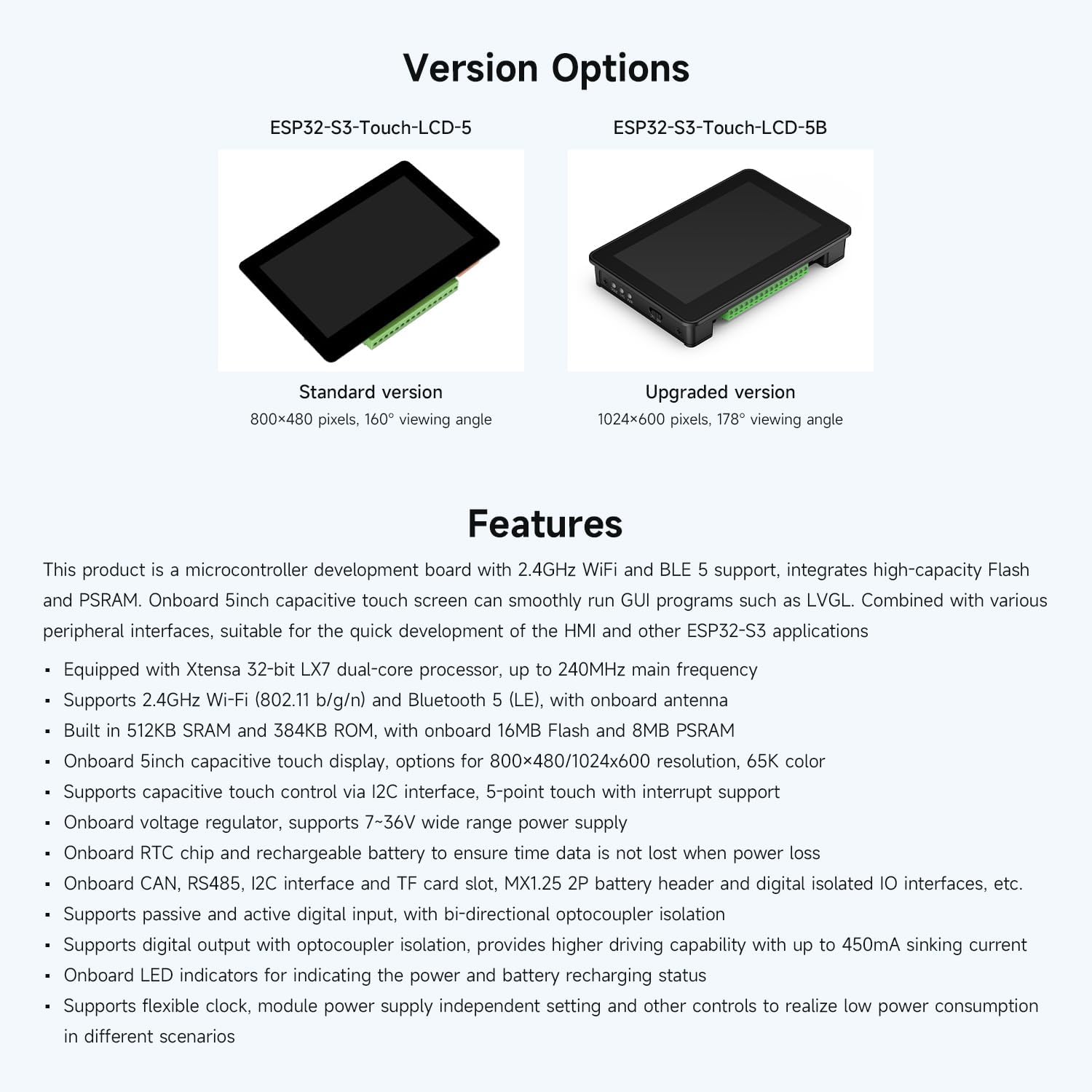 On Demand ESP32-S3 5inch Capacitive Touch Display Development Board, 5-Point Touch, 32-Bit LX7 Dual-Core Processor, Support Wi-Fi & BLE, with Onboard Antenna, 800×480 Display Resolution - two black rectangular touch screens with green terminal blocks in a side-by-side layout.