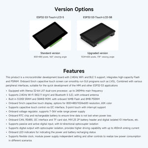 On Demand ESP32-S3 5inch Capacitive Touch Display Development Board, 5-Point Touch, 32-Bit LX7 Dual-Core Processor, Support Wi-Fi & BLE, with Onboard Antenna, 800×480 Display Resolution - two black rectangular touch screens with green terminal blocks in a side-by-side layout.