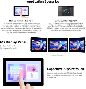 On Demand ESP32-S3 5inch Capacitive Touch Display Development Board, 5-Point Touch, 32-Bit LX7 Dual-Core Processor, Support Wi-Fi & BLE, with Onboard Antenna, 800×480 Display Resolution - application scenarios, IPS display angles, and a 5-point touch interface demonstration.