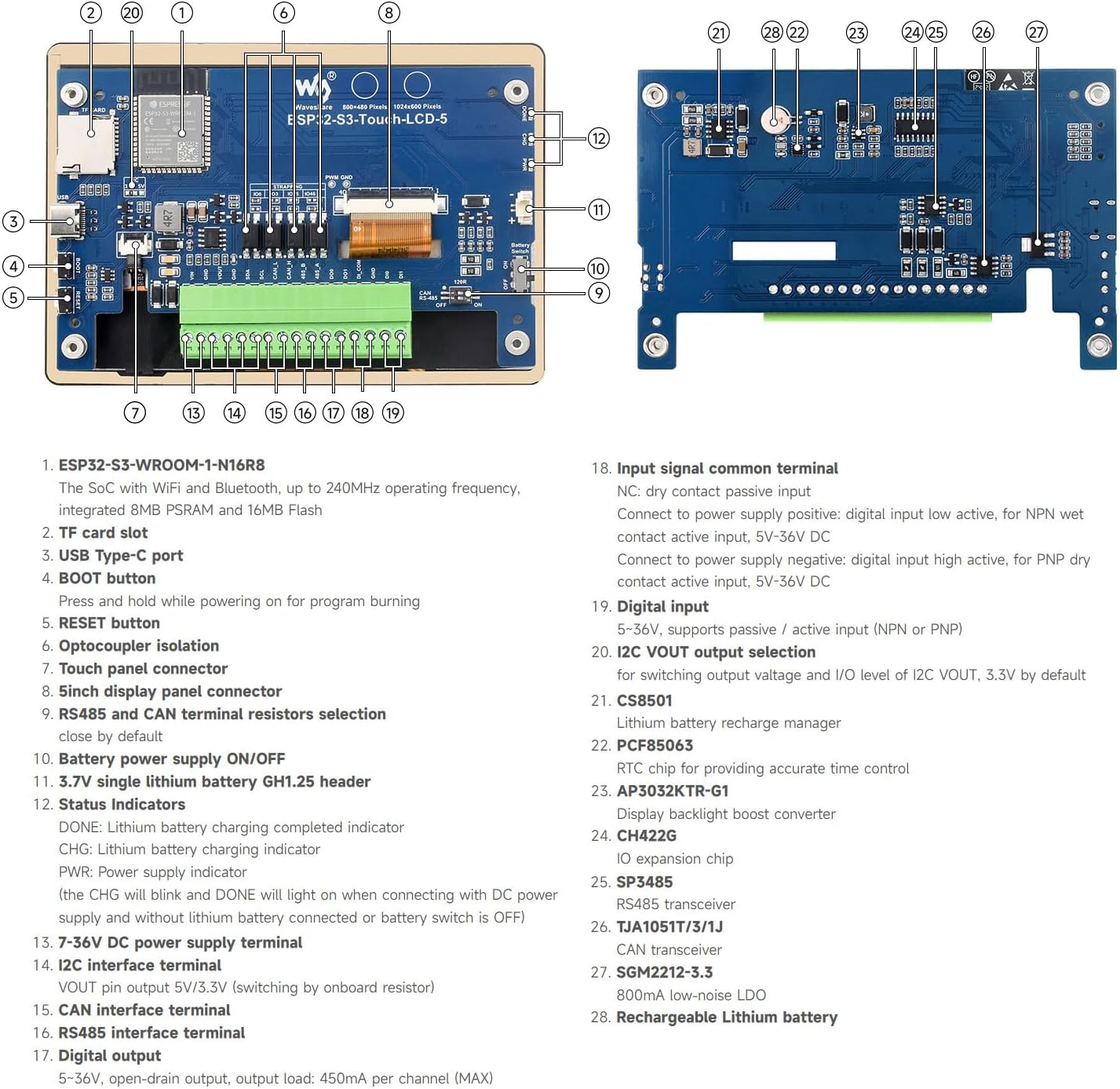 On Demand ESP32-S3 5inch Capacitive Touch Display Development Board, 5-Point Touch, 32-Bit LX7 Dual-Core Processor, Support Wi-Fi & BLE, with Onboard Antenna, 800×480 Display Resolution - shown in a technical diagram with numbered labels pointing to its ports, buttons, and components.