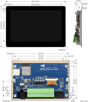 On Demand ESP32-S3 5inch Capacitive Touch Display Development Board, 5-Point Touch, 32-Bit LX7 Dual-Core Processor, Support Wi-Fi & BLE, with Onboard Antenna, 800×480 Display Resolution - shown in a technical diagram with front, side, and rear views including dimensions and ports.