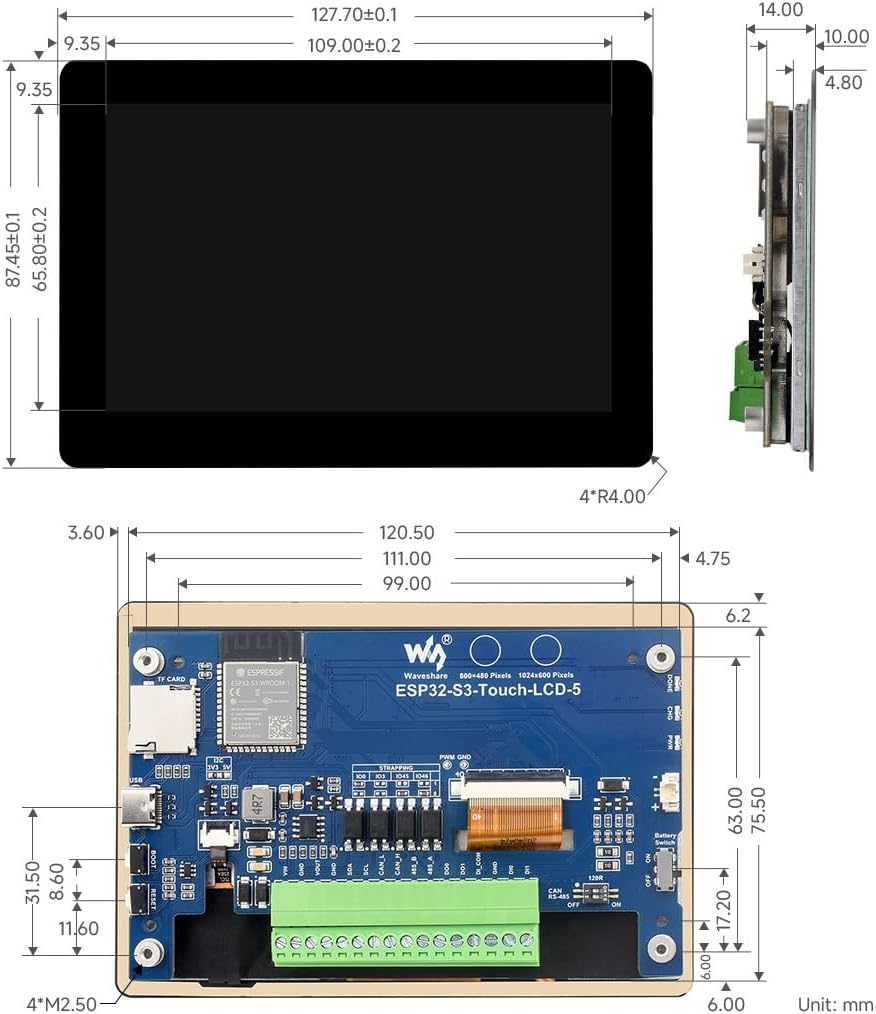 On Demand ESP32-S3 5inch Capacitive Touch Display Development Board, 5-Point Touch, 32-Bit LX7 Dual-Core Processor, Support Wi-Fi & BLE, with Onboard Antenna, 800×480 Display Resolution - shown in a technical diagram with front, side, and rear views including dimensions and ports.