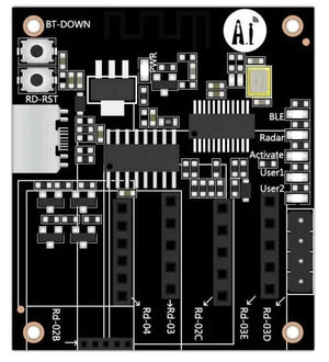 On Demand F342 AI-Thinker RD Kit Radar Test Board - a black rectangular circuit board with buttons, a micro-USB port, and multiple pin headers.