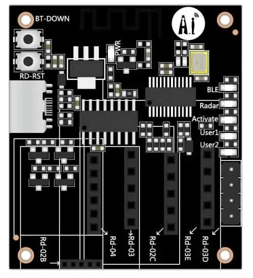 On Demand F342 AI-Thinker RD Kit Radar Test Board - a black rectangular circuit board with buttons, a micro-USB port, and multiple pin headers.
