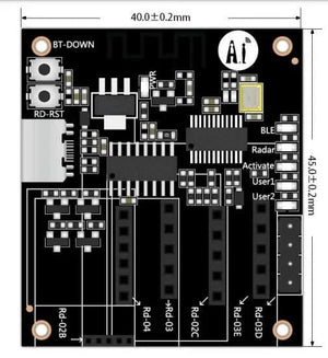 On Demand F342 AI-Thinker RD Kit Radar Test Board - a black rectangular circuit board with buttons, a USB port, headers, and dimension annotations.