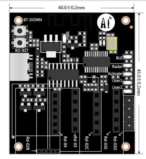 On Demand F342 AI-Thinker RD Kit Radar Test Board - a black rectangular circuit board with buttons, a USB port, headers, and dimension annotations.