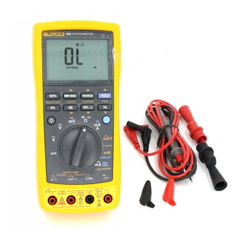 On Demand Fluke 789 Process Meter The Ultimate Loop Calibration Multimeter+ Fast Shipping - a yellow handheld multimeter with a digital display reading OL, a central rotary knob, function buttons, and test leads.