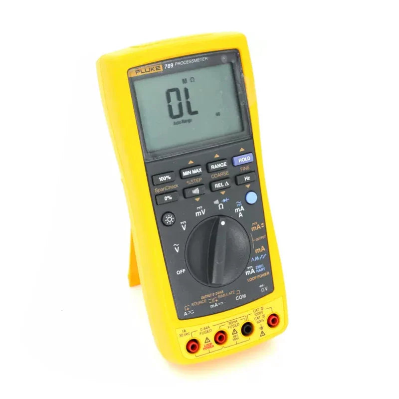 On Demand Fluke 789 Process Meter The Ultimate Loop Calibration Multimeter+ Fast Shipping - a yellow handheld digital multimeter with a rotary dial, function buttons, and an LCD screen displaying OL.