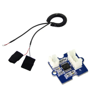 On Demand Grove GSR Sensor - Galvanic Skin Response Sensor - a blue circuit board with two white connectors and a coiled wire cable with two black finger electrodes.