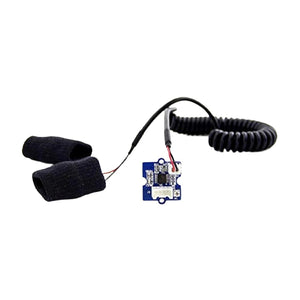 On Demand Grove GSR Sensor - Galvanic Skin Response Sensor - a blue circuit board with a white connector, attached to two black fabric finger sleeves by a coiled black cable.