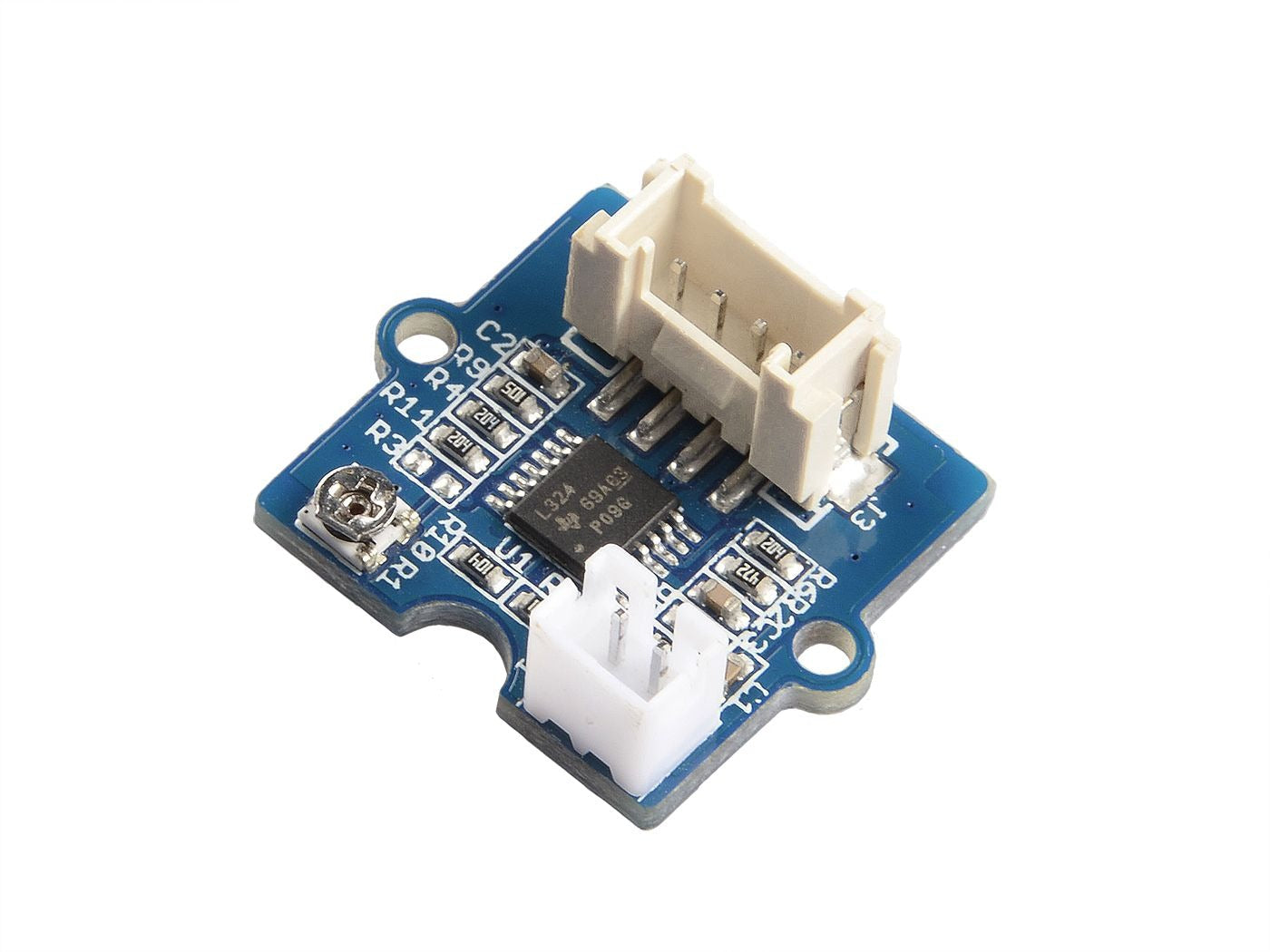 On Demand Grove GSR Sensor - Galvanic Skin Response Sensor - a blue rectangular circuit board featuring a white four-pin connector, a two-pin white header, and a small metal potentiometer.