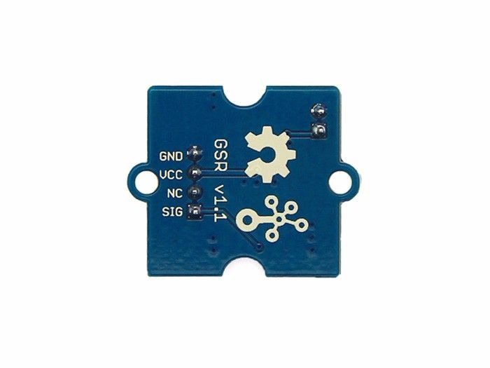 On Demand Grove GSR Sensor - Galvanic Skin Response Sensor - a blue square circuit board with a four-pin connector labeled GND, VCC, NC, and SIG, and white gear and circuit icons printed on it.