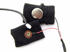 On Demand Grove GSR Sensor - Galvanic Skin Response Sensor - two black fabric finger straps with a metal snap button, a red wire, and a white two-pin connector.