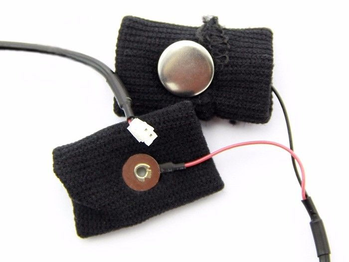On Demand Grove GSR Sensor - Galvanic Skin Response Sensor - two black fabric finger straps with a metal snap button, a red wire, and a white two-pin connector.