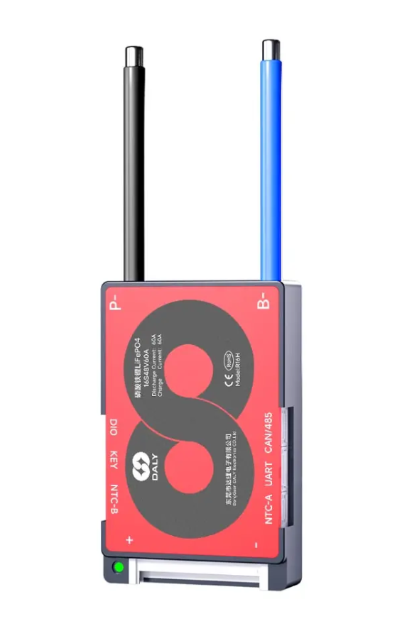 On Demand H-Series Smart BMS 3S to 16S 40A 60A Powerful Battery Management for LiFePO4 Batteries - a rectangular red and grey battery management module with two thick wires, ports, and status indicators.