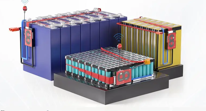 On Demand H-Series Smart BMS 3S to 16S 40A 60A Powerful Battery Management for LiFePO4 Batteries - three battery packs with connected red electronic control modules, wiring, and wireless antennas.