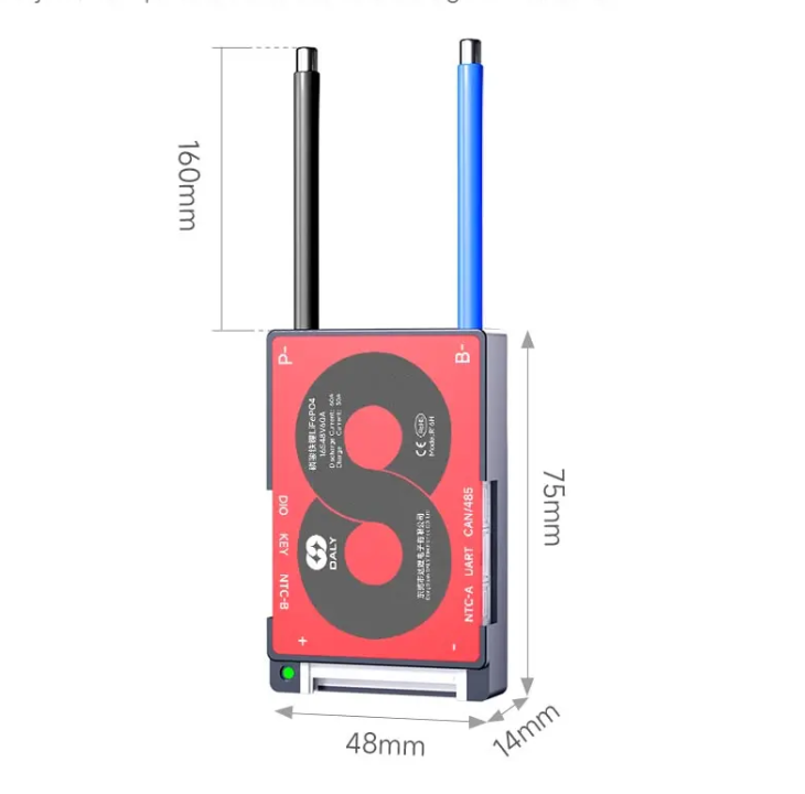 On Demand H-Series Smart BMS 3S to 16S 40A 60A Powerful Battery Management for LiFePO4 Batteries - a red and grey rectangular module with two wires, connection ports, and dimension labels in millimeters.
