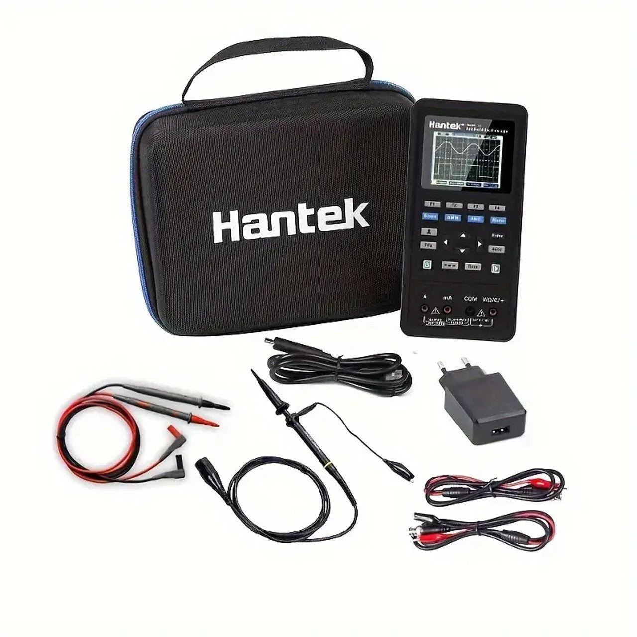 On Demand Hantek 2C42 Handheld Oscilloscope Multimeter 2 in 1 Multi-Functions Tester 2CH+DMM 40MHz Digital Oscilloscope - with a black carrying case, power adapter, probes, cables, and a device displaying a waveform on screen.