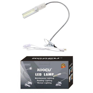 On Demand KOOCU 20W LED Lamp for Worktable Adjustable Desk Light with Clamp (Soldering & Electronics) - a silver flexible desk light with a white LED bulb, a clamp base, a power cord with a switch, and its branded product box.