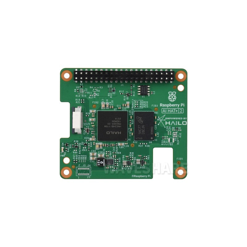 On-demand Official Raspberry Pi AI HAT+ 2, Built-in Hailo-10H AI Accelerator And 8GB Onboard RAM, Comes With Heatsink - a green rectangular circuit board with a black processor chip, a 40-pin GPIO header, and various electronic components.