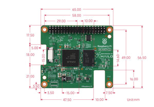 On-demand Official Raspberry Pi AI HAT+ 2, Built-in Hailo-10H AI Accelerator And 8GB Onboard RAM, Comes With Heatsink - the green circuit board from above with red measurement lines, labels, and text annotations in millimeters.