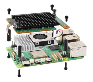 On-demand Official Raspberry Pi AI HAT+ 2, Built-in Hailo-10H AI Accelerator And 8GB Onboard RAM, Comes With Heatsink - shown in an exploded view with its heatsink, cooling fan, mounting hardware, and the underlying green circuit board.