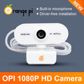 On Demand Orange Pi 1080P Mini HD Camera 360 Horizontal Rotation with USB Interface Analogue Microphones,Compatible with Win XP/7/8/10 iOS - a white, oval-shaped webcam with a central lens, attached USB cable, and a stand featuring an orange logo.