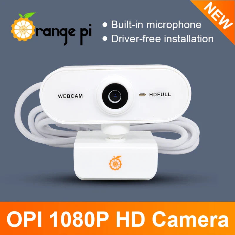 On Demand Orange Pi 1080P Mini HD Camera 360 Horizontal Rotation with USB Interface Analogue Microphones,Compatible with Win XP/7/8/10 iOS - a white, oval-shaped webcam with a central lens, attached USB cable, and a stand featuring an orange logo.