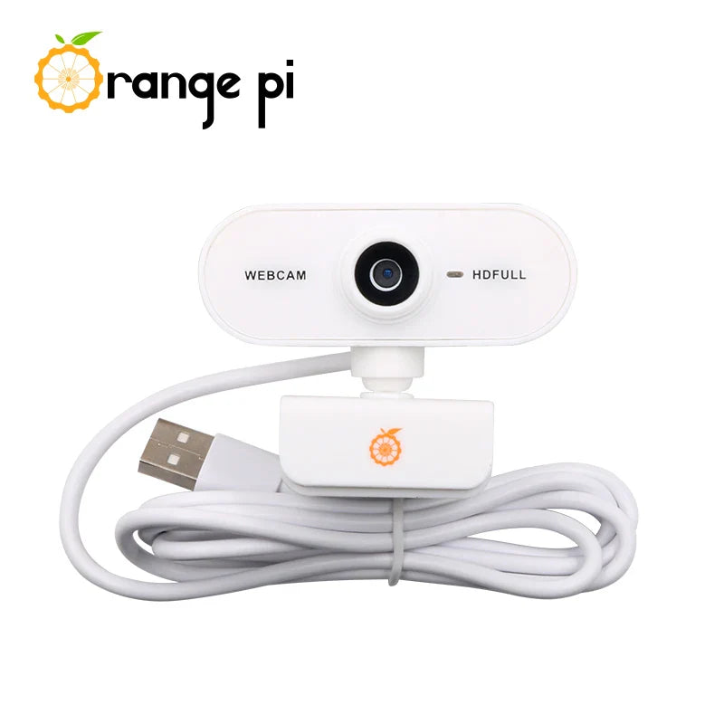 On Demand Orange Pi 1080P Mini HD Camera 360 Horizontal Rotation with USB Interface Analogue Microphones,Compatible with Win XP/7/8/10 iOS - a white webcam with a centered lens, a USB cable, and an orange logo on its base, shown against a white background.