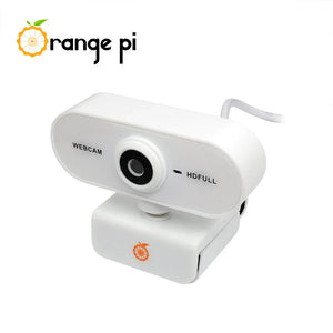 On Demand Orange Pi 1080P Mini HD Camera 360 Horizontal Rotation with USB Interface Analogue Microphones,Compatible with Win XP/7/8/10 iOS - a white webcam with a central lens, a USB cable, and an orange fruit logo on the base.