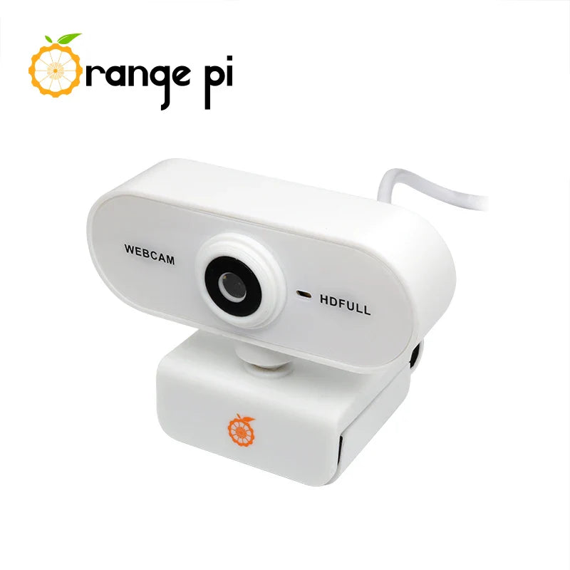 On Demand Orange Pi 1080P Mini HD Camera 360 Horizontal Rotation with USB Interface Analogue Microphones,Compatible with Win XP/7/8/10 iOS - a white webcam with a central lens, a USB cable, and an orange fruit logo on the base.