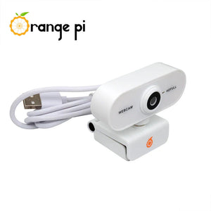 On Demand Orange Pi 1080P Mini HD Camera 360 Horizontal Rotation with USB Interface Analogue Microphones,Compatible with Win XP/7/8/10 iOS - a white webcam with a USB cable and a base stand featuring an orange logo, isolated against a white background.