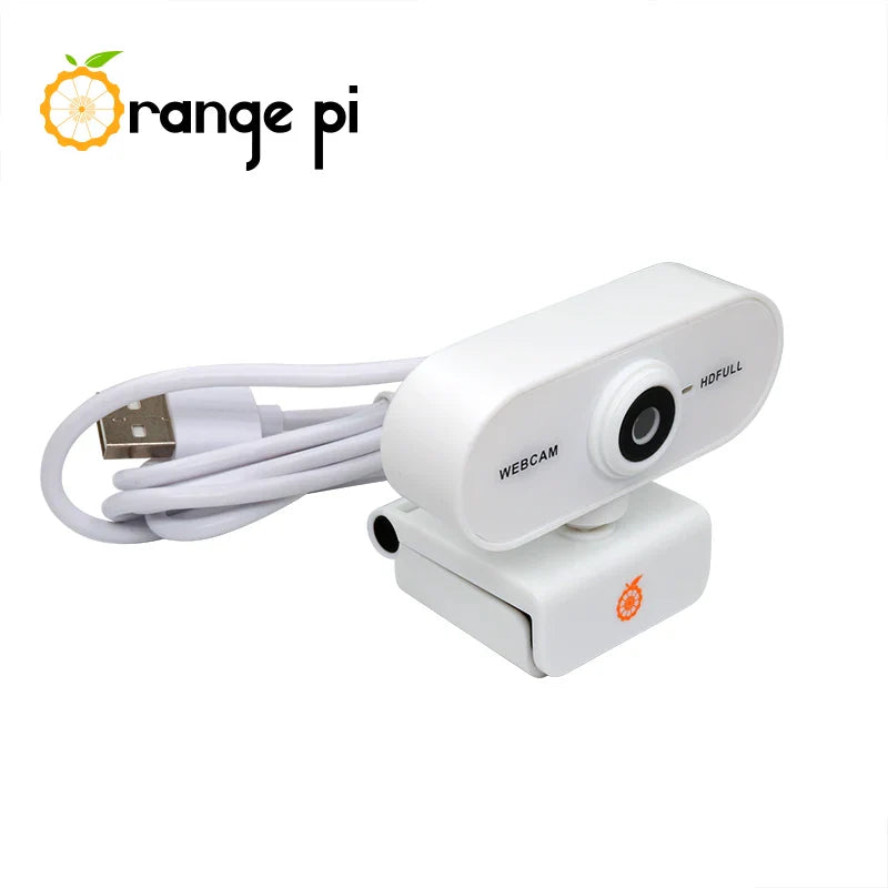 On Demand Orange Pi 1080P Mini HD Camera 360 Horizontal Rotation with USB Interface Analogue Microphones,Compatible with Win XP/7/8/10 iOS - a white webcam with a USB cable and a base stand featuring an orange logo, isolated against a white background.