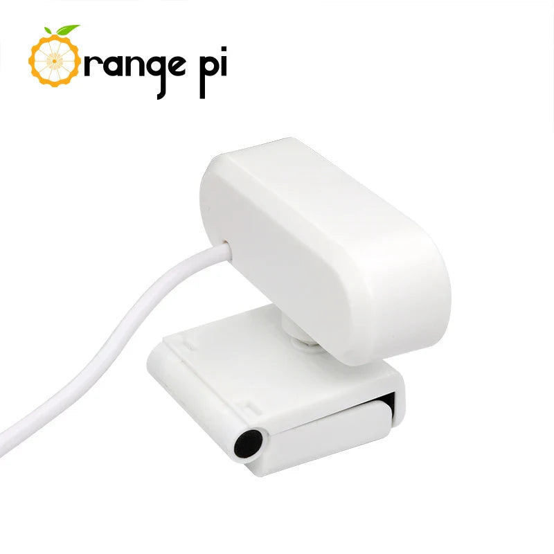 On Demand Orange Pi 1080P Mini HD Camera 360 Horizontal Rotation with USB Interface Analogue Microphones,Compatible with Win XP/7/8/10 iOS - a white webcam with a horizontal stand, a USB cable, and a visible circular lens on the front base.
